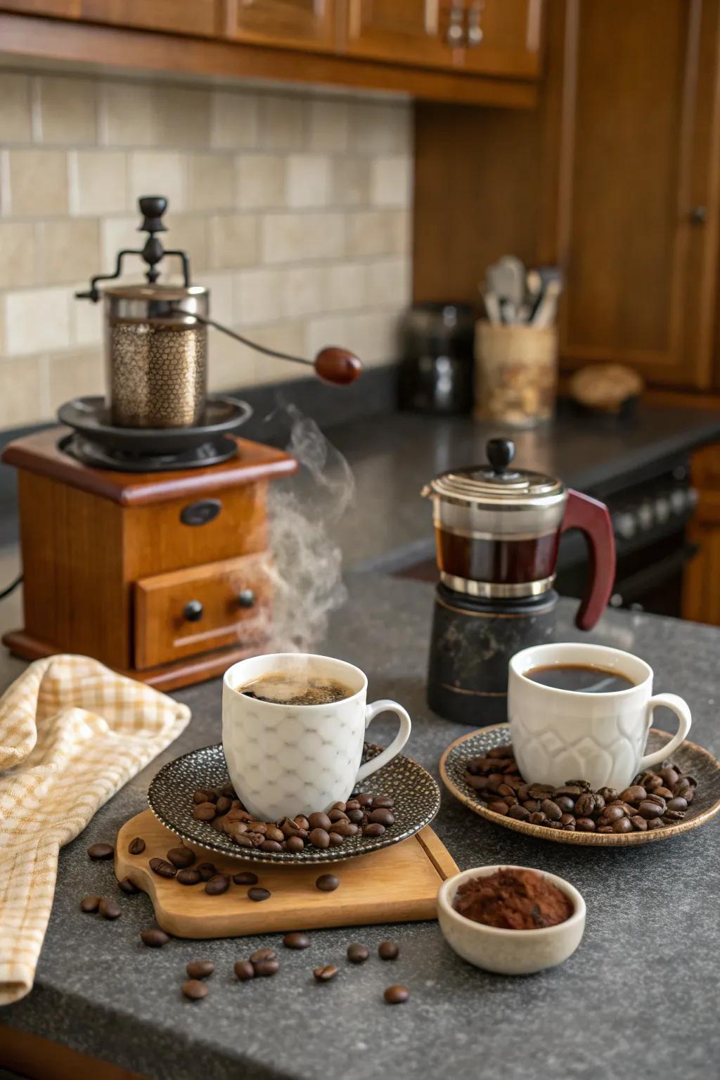 An artisanal coffee set makes mornings special.