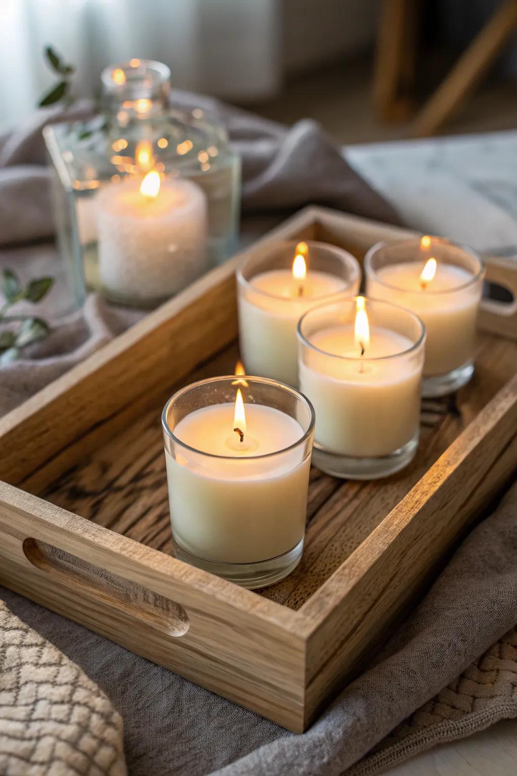 Scented candles create a calming atmosphere in her home.