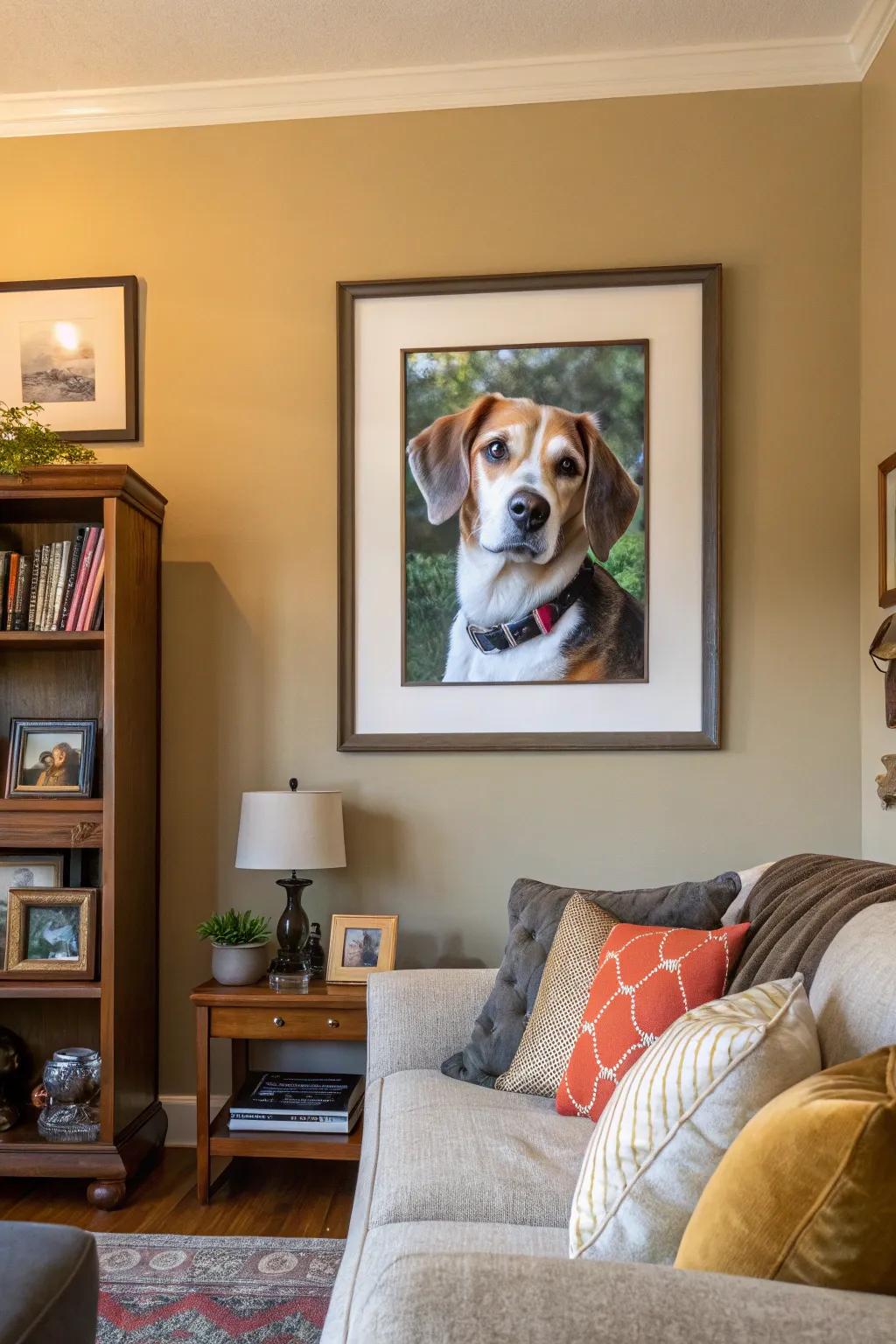 A custom pet portrait adds a personal touch to home decor.