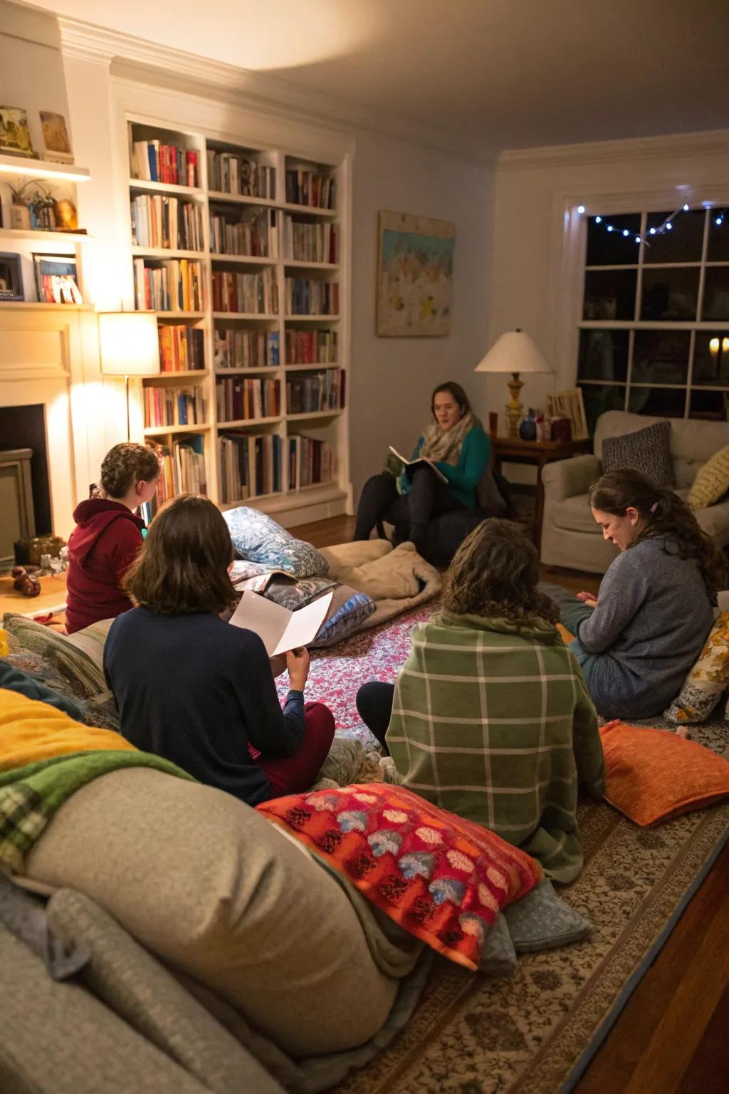 A warm storytelling circle perfect for a relaxing birthday activity.