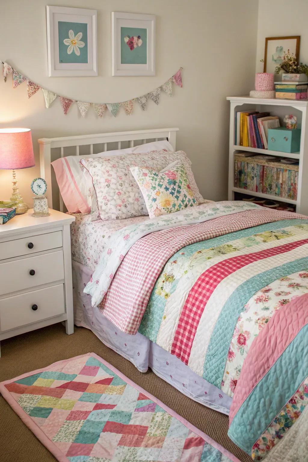 A girl's bedroom showcasing comfortable bedding with layered quilts and throws.