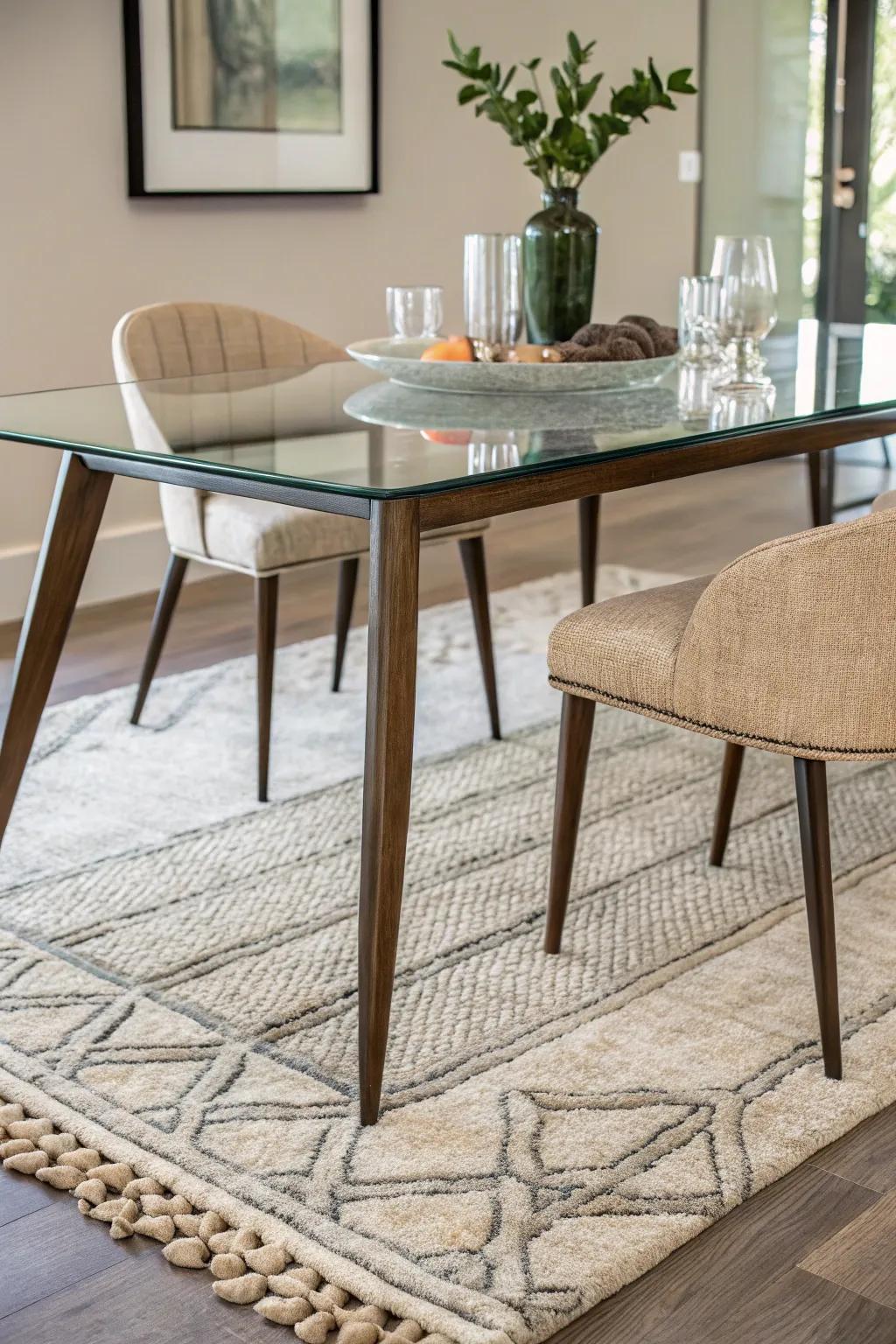 A soft beige rug adding warmth and definition to a glass dining table.