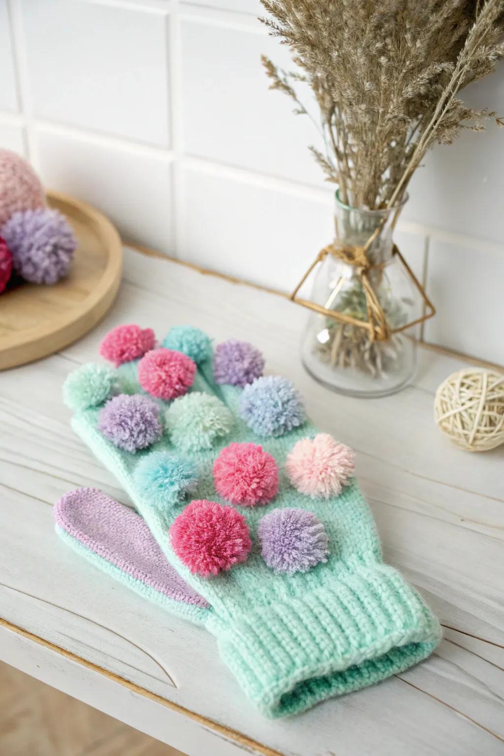 Transform your cleaning routine with a touch of craft and color: a charming glove dusting mitt with pastel pom-poms.