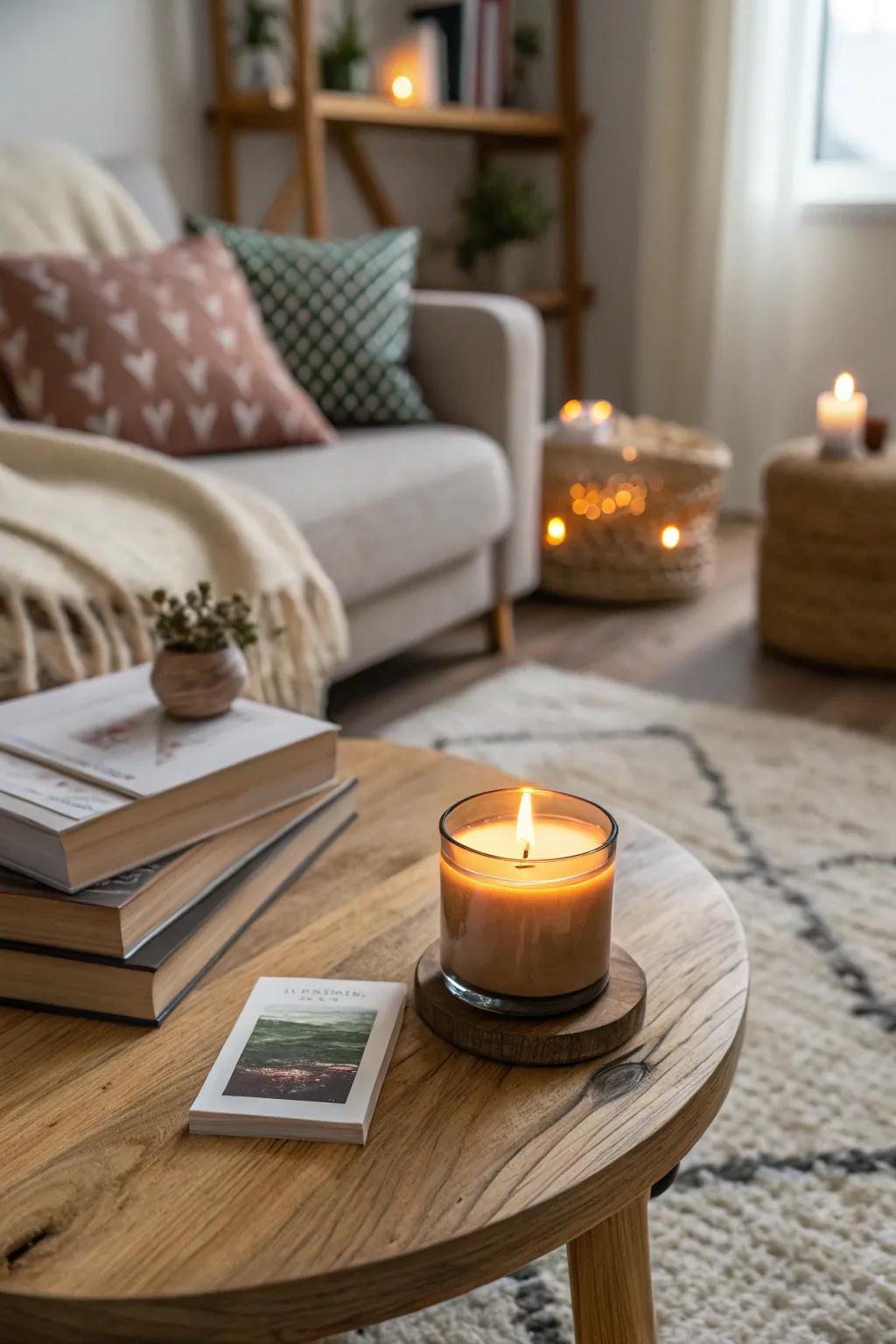 A scented candle to create a serene atmosphere.