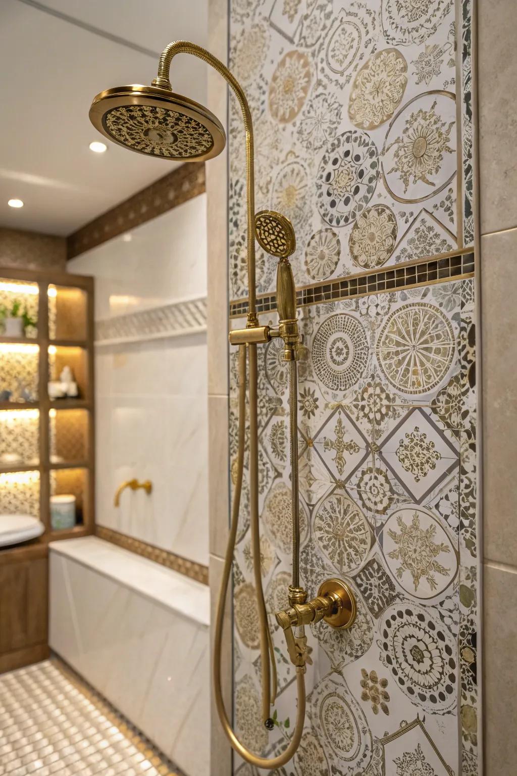 A luxurious tiled shower with gold fixtures.