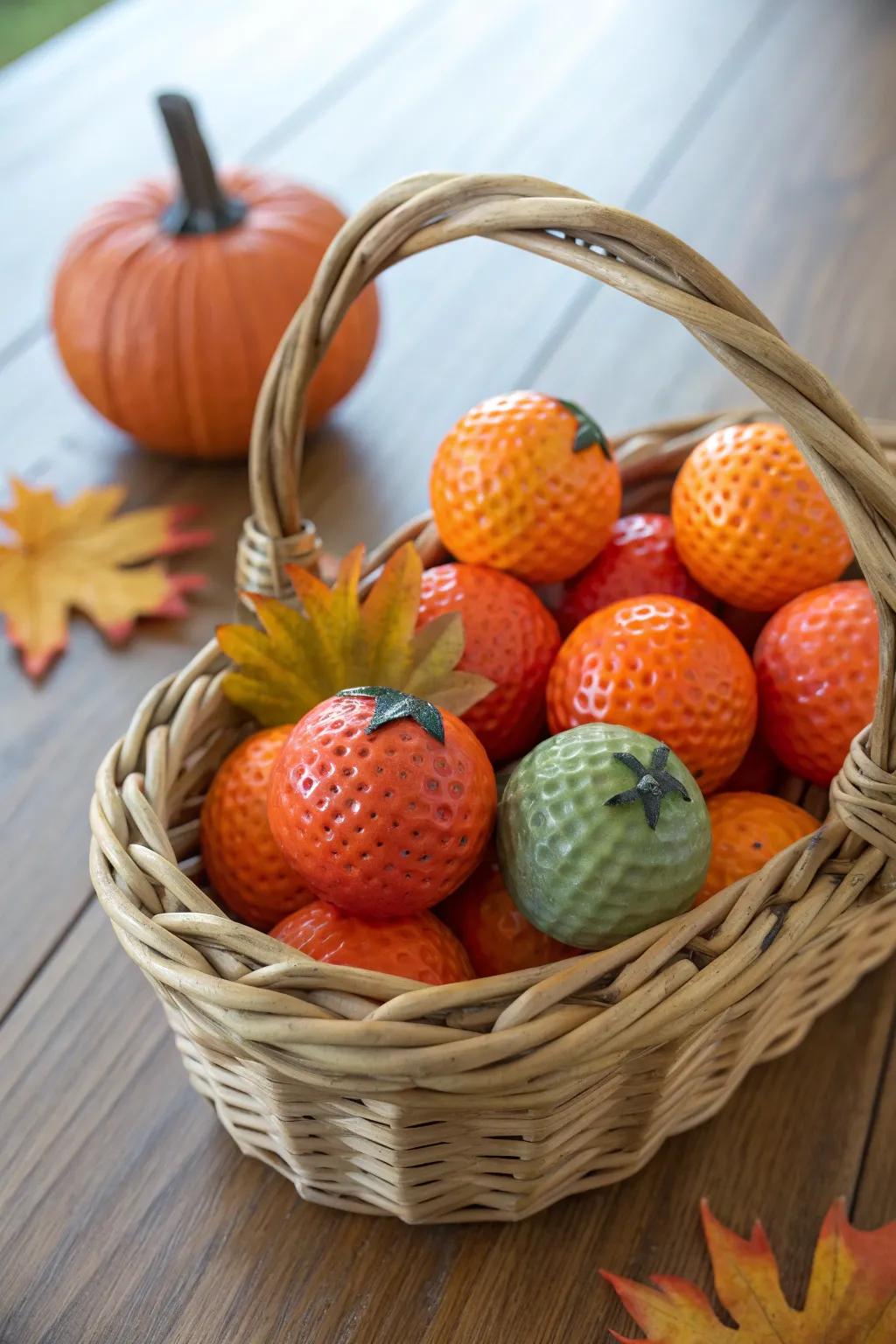Elevate your autumn decor with this chic harvest basket display featuring golf ball pumpkins.