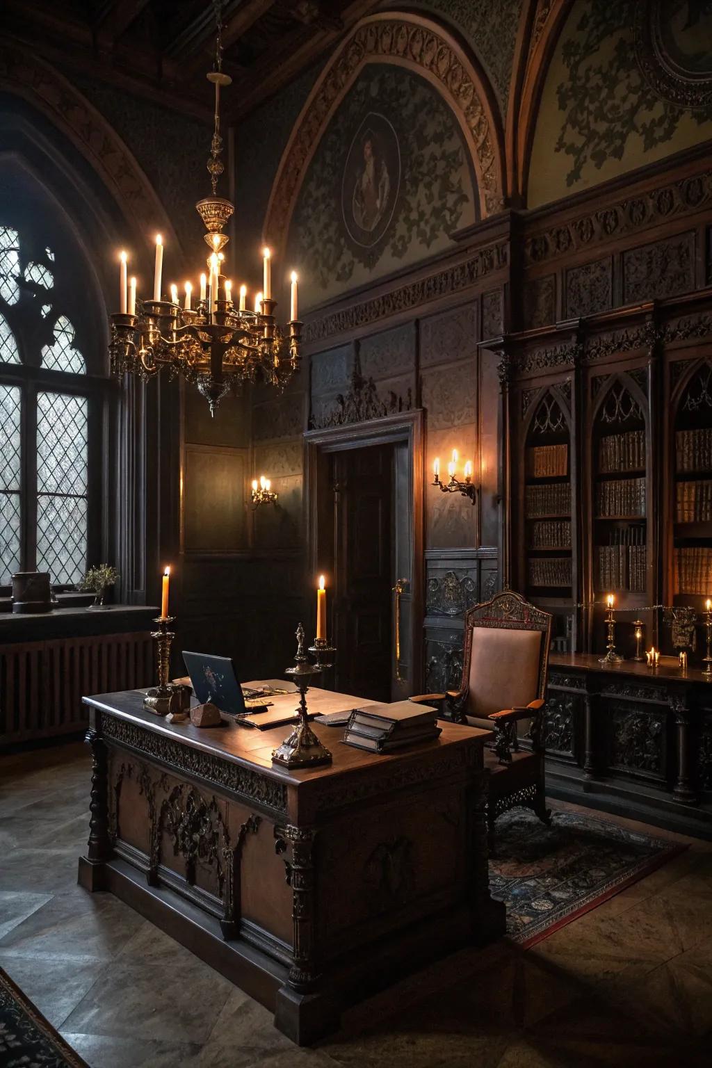 Candles create a warm and inviting atmosphere in a Gothic office.