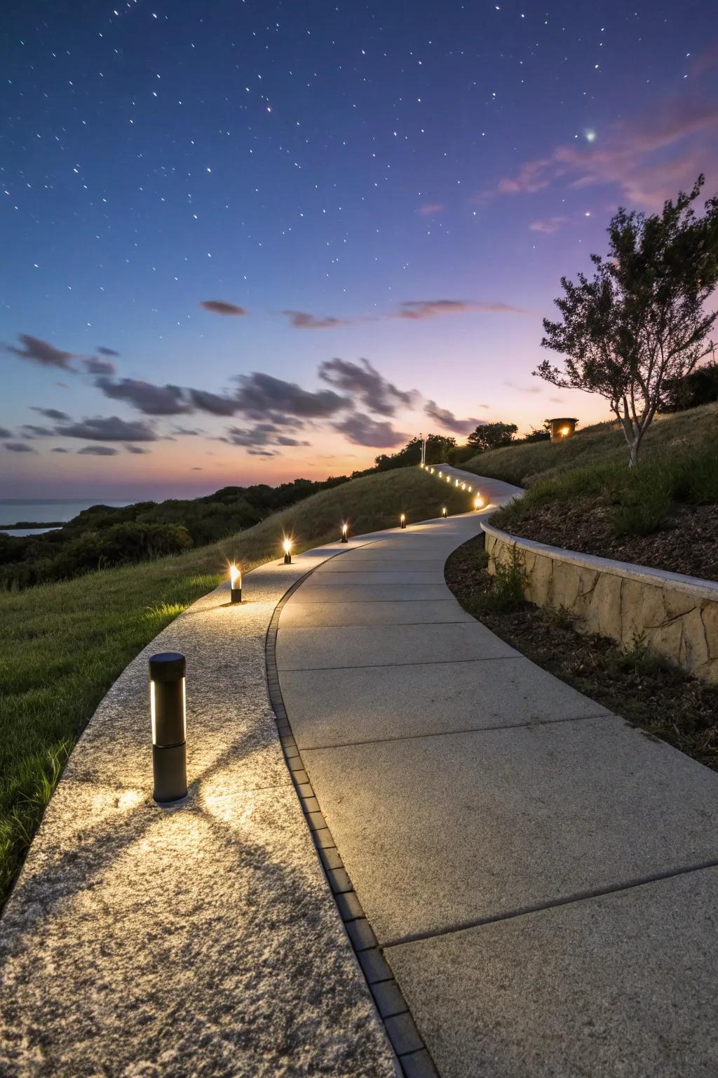 Granite walkway with soft evening lighting.