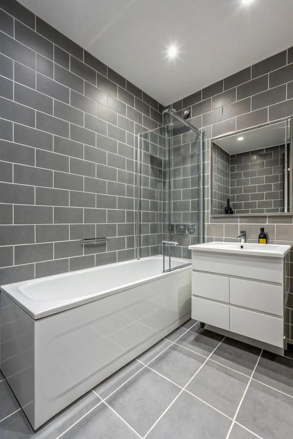 Uniform tiling creates a seamless and spacious look.