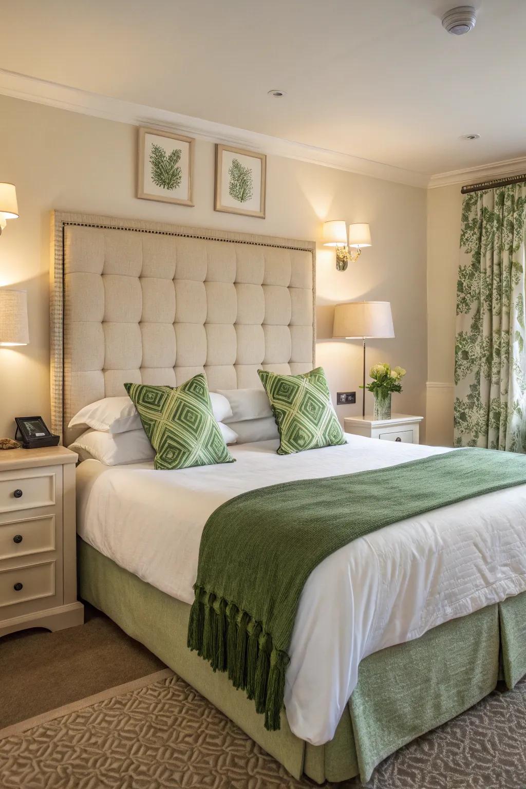 A cream headboard with green accents offers a sophisticated touch.