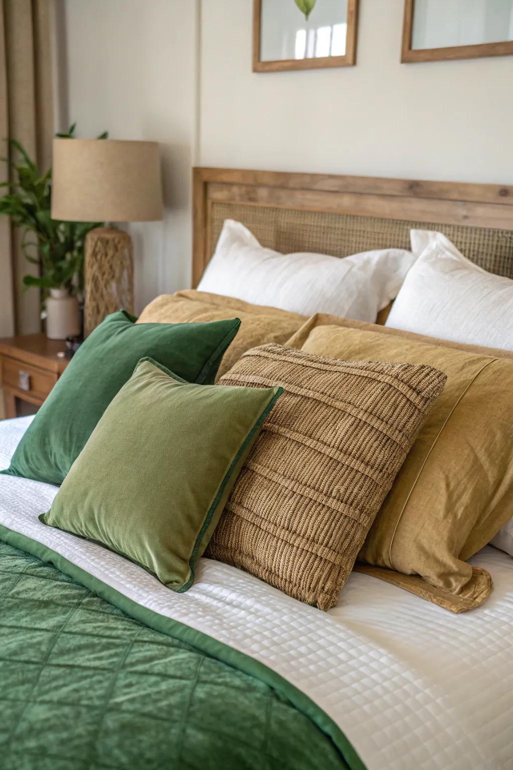 A mix of green and tan pillows adds a quick and stylish color update.