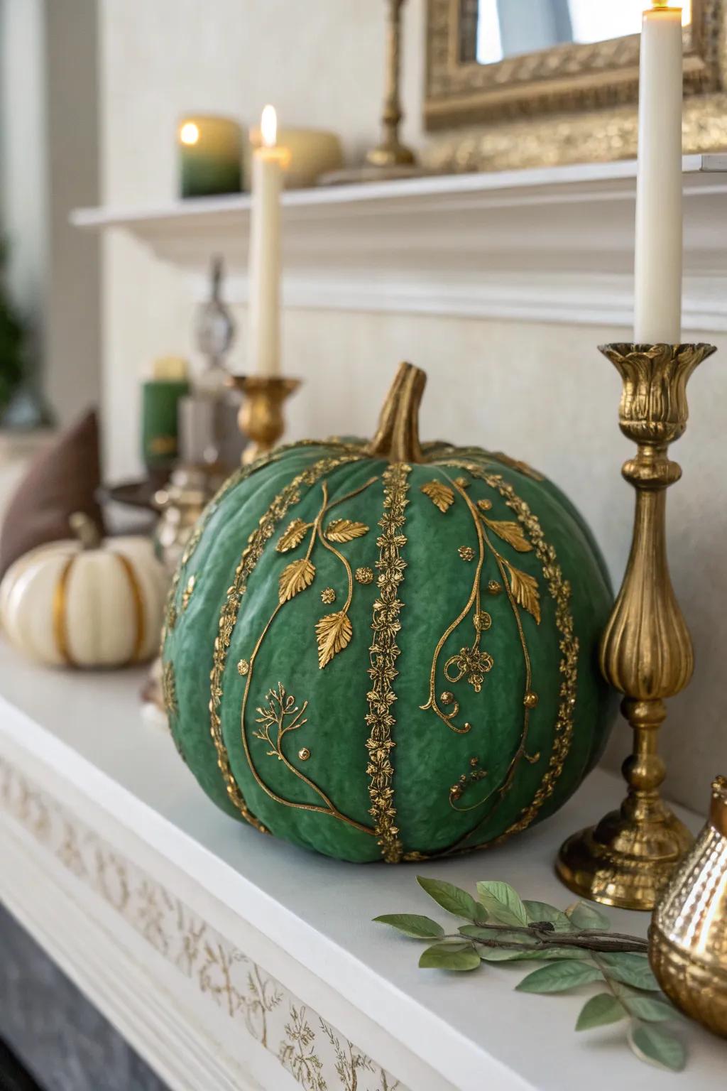 Gilded green pumpkin catching the light and adding luxury to the mantel.