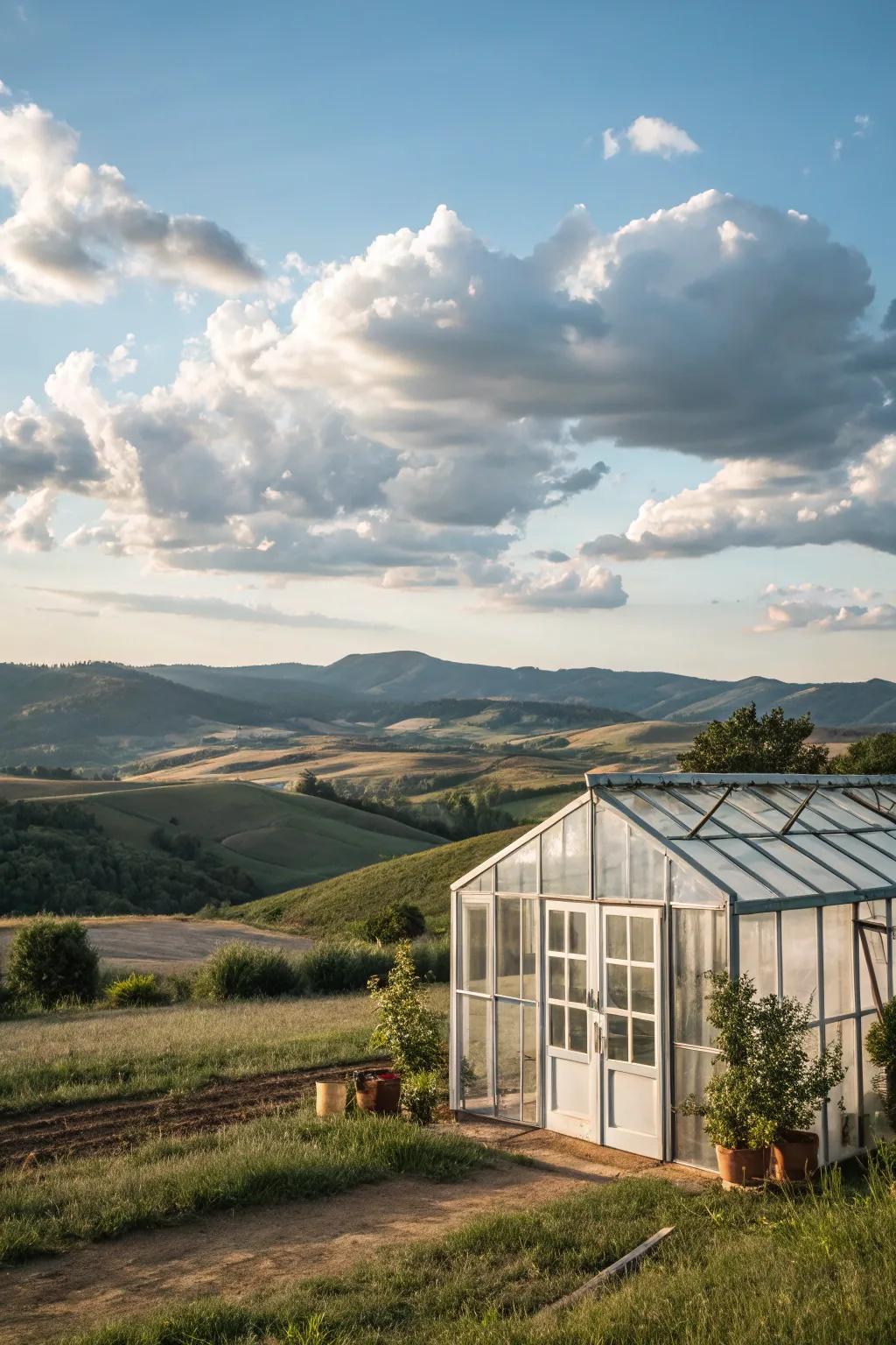 A greenhouse strategically positioned to maximize natural wind ventilation.