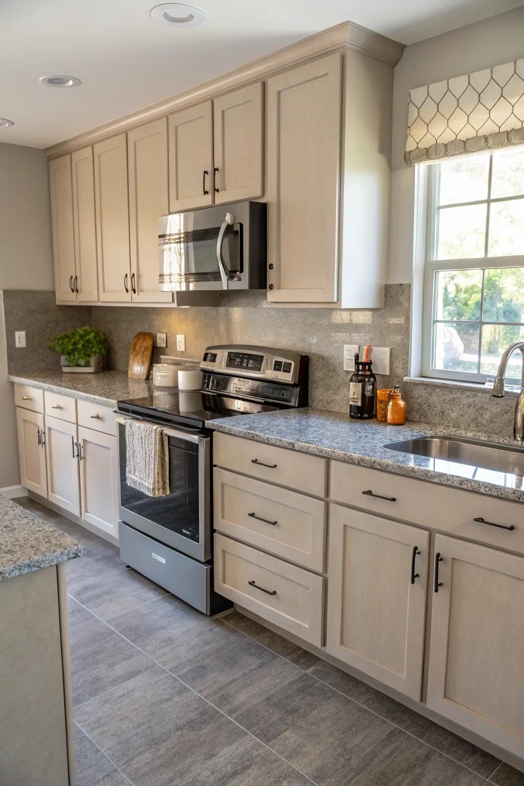 Grey countertops and beige cabinets offer a sophisticated kitchen aesthetic.