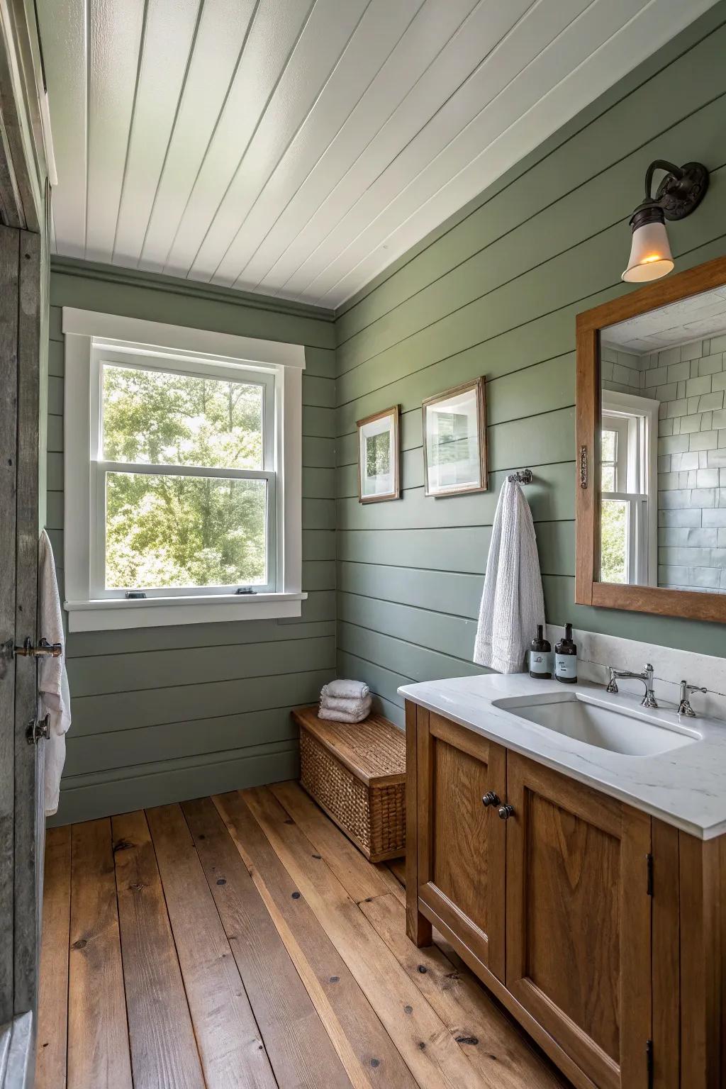 Gray-green shiplap walls bring a serene farmhouse charm to your bathroom.