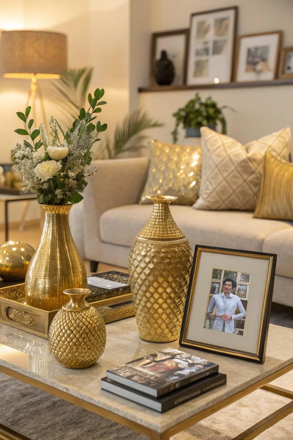 Gold accents bringing warmth and life to the room.