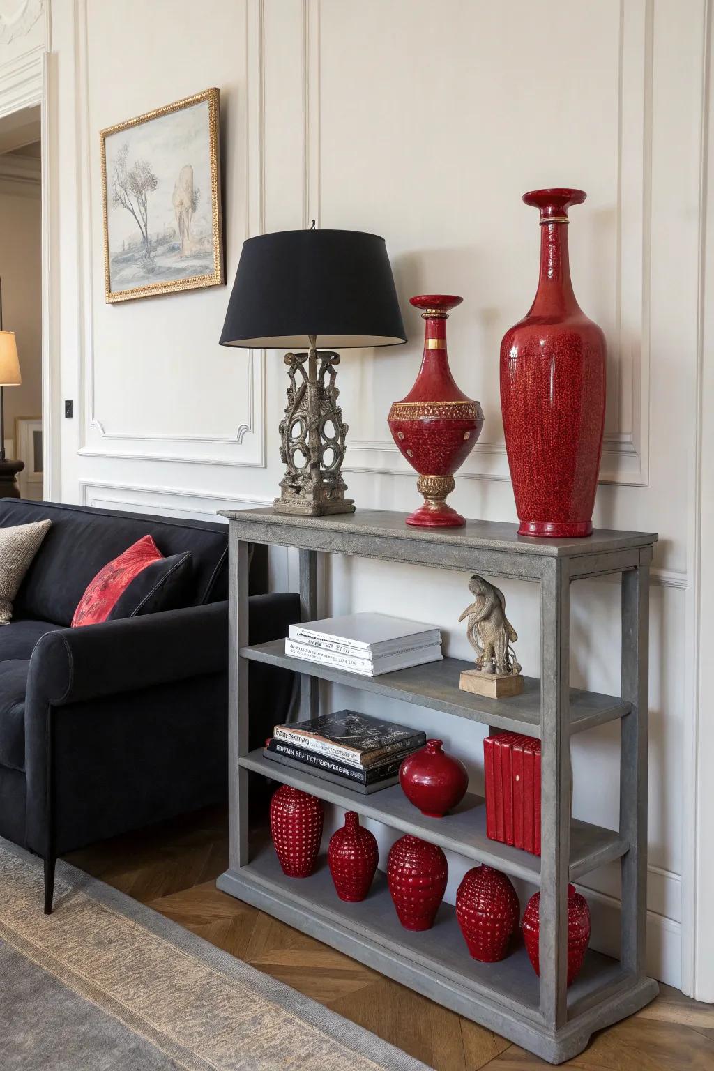 Small red accessories add pops of color to this living room.