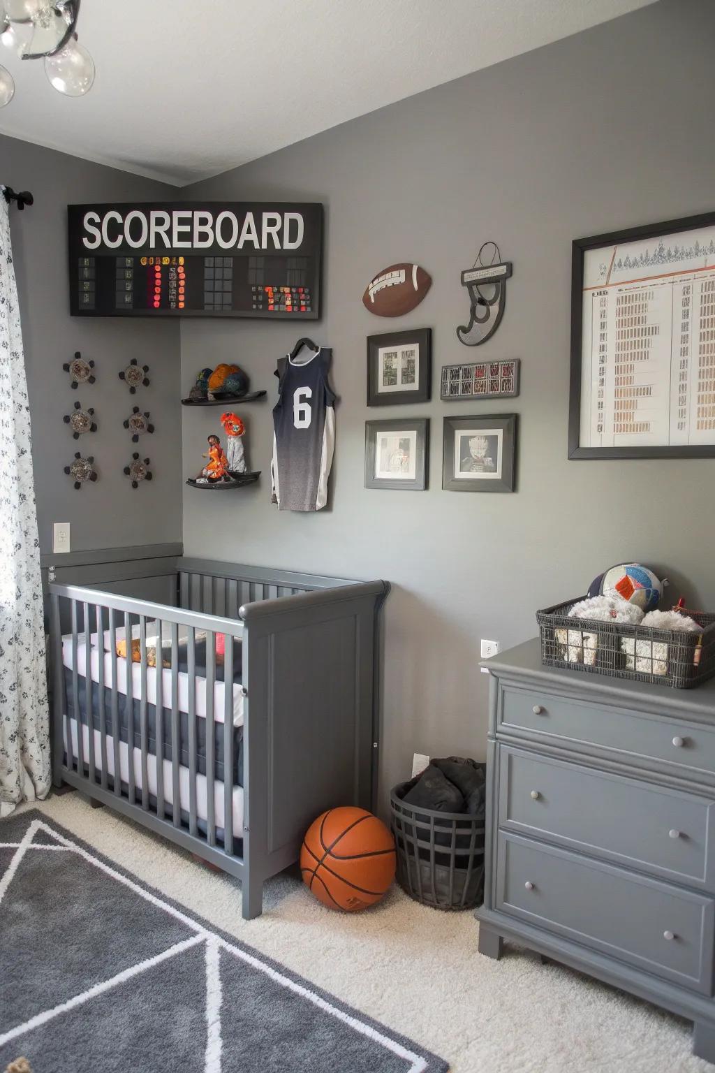 A sporty-themed nursery with grey tones and personalized decor.