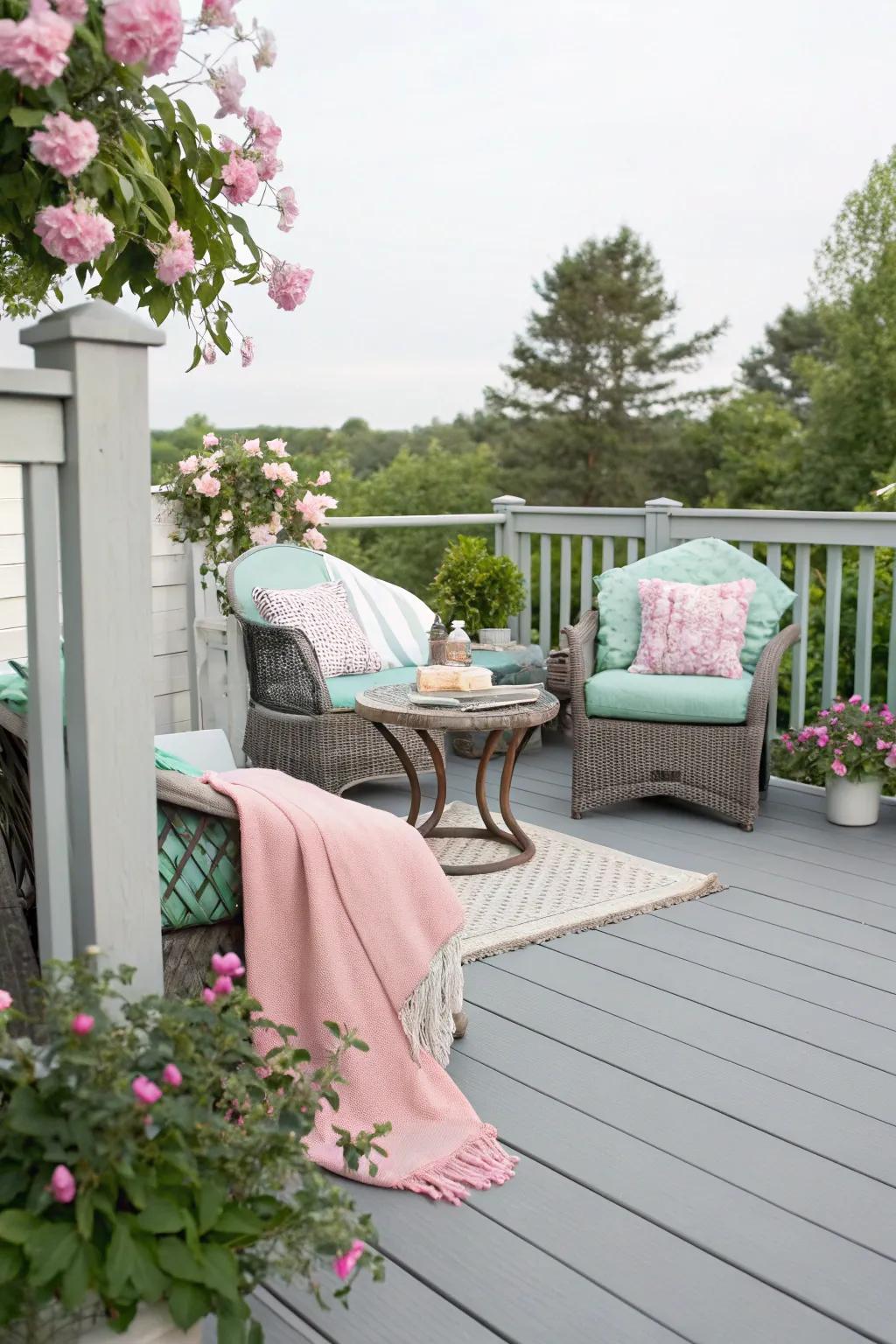 A grey deck softened by pastel accents for a gentle and inviting atmosphere.