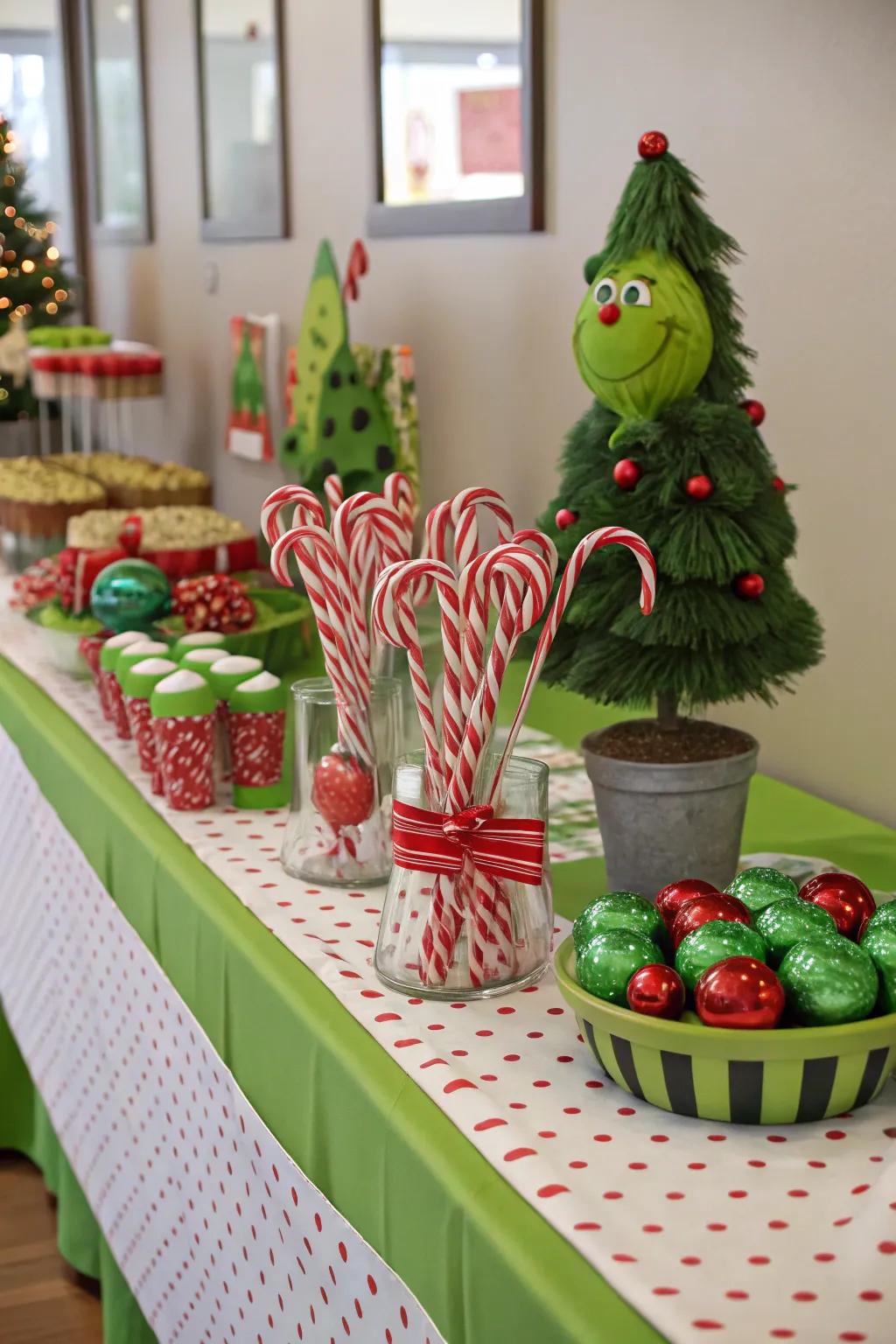 Candy canes adding a sweet touch to the Grinch-themed table.