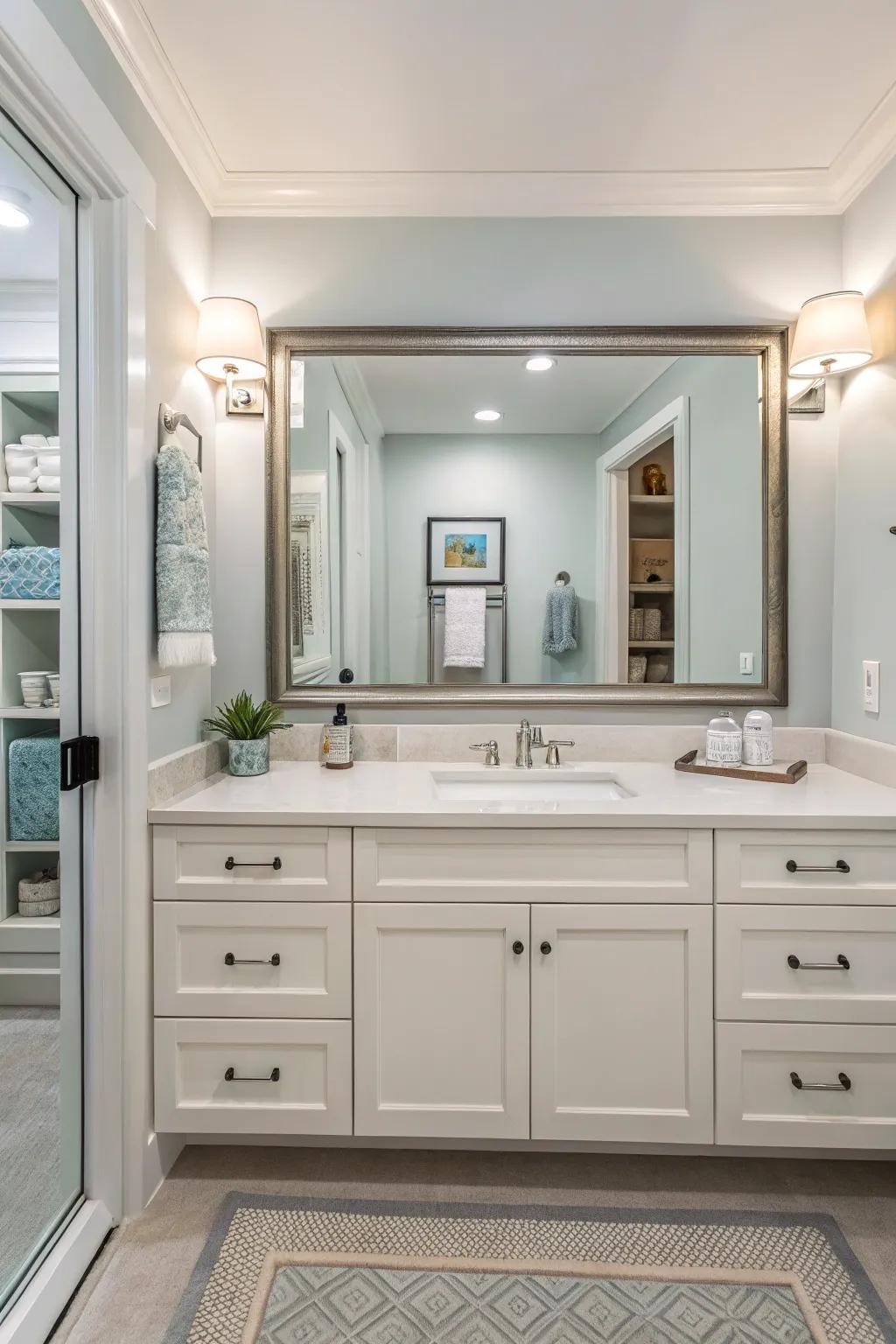 A statement mirror creates a stunning focal point in this guest bath.