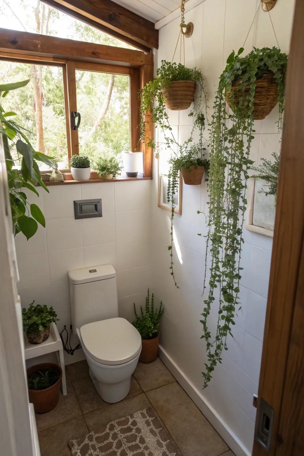 Greenery adds a fresh and vibrant touch to this guest toilet.