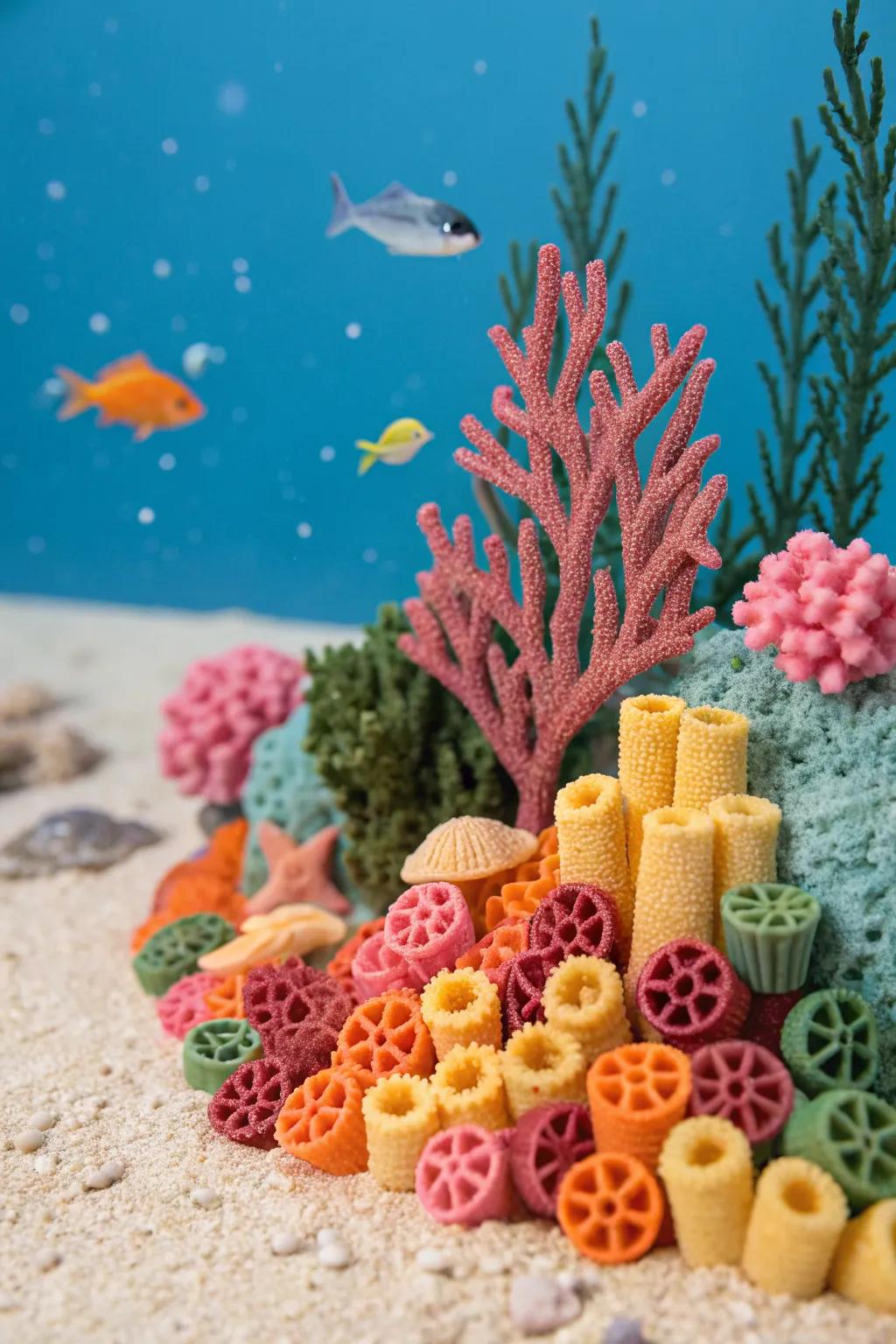 A dazzling coral reef habitat diorama with vibrant colors and marine life.