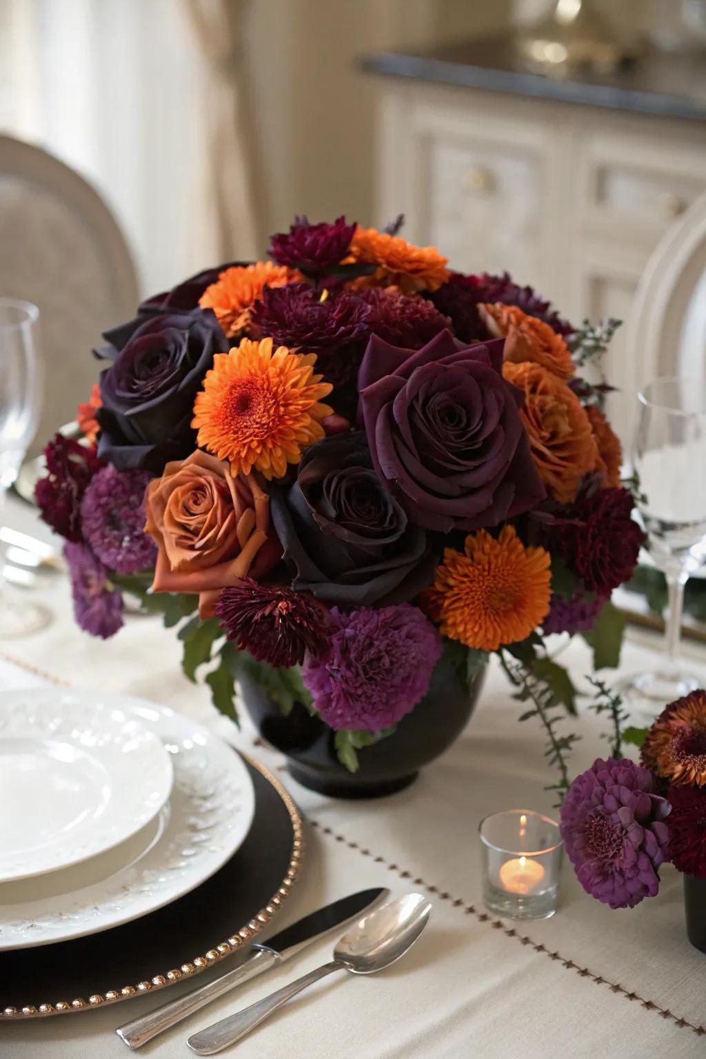 Grandiose flowers in Halloween tones for a sophisticated centerpiece.