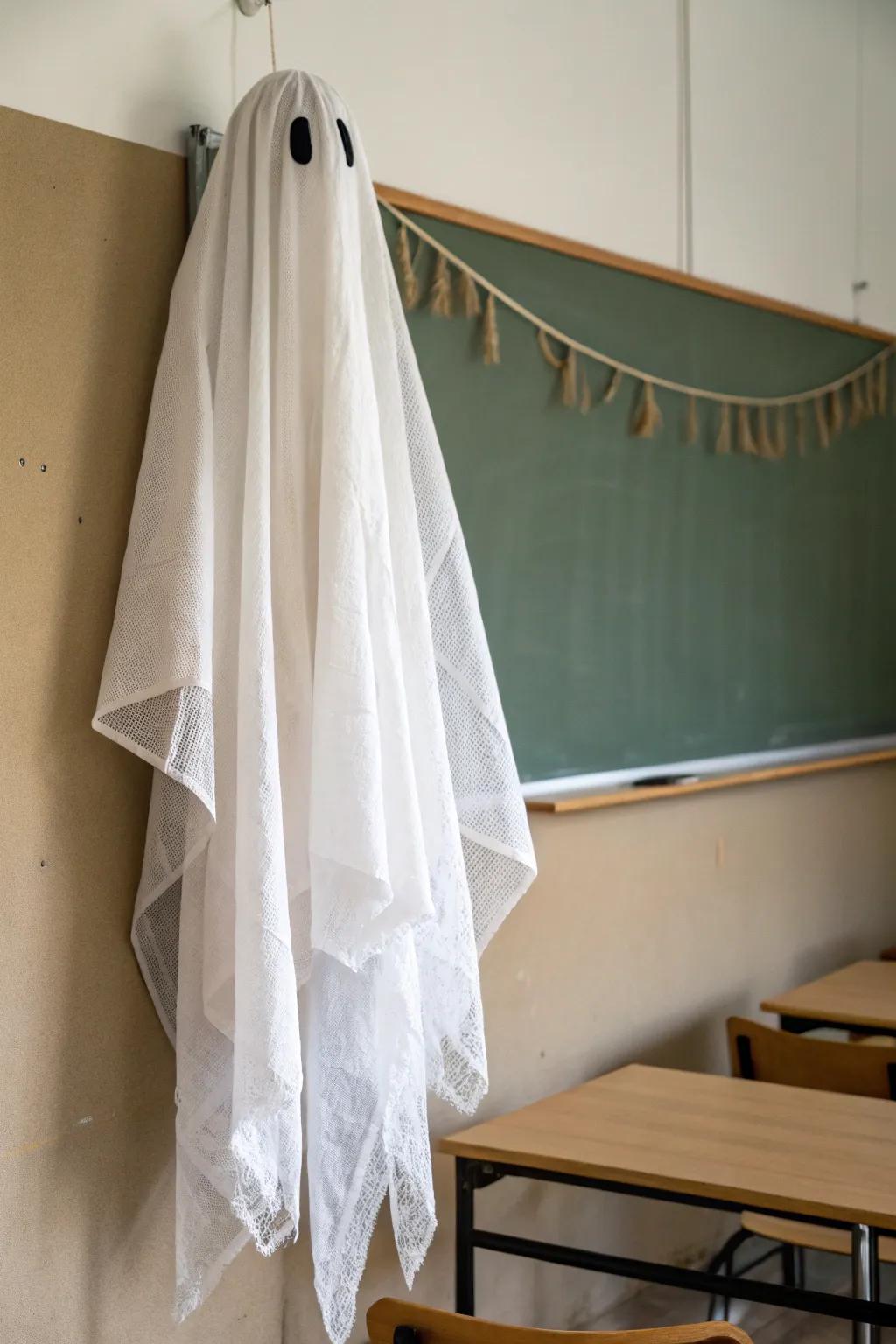 Ethereal elegance: Wax paper ghosts bring a touch of whimsy to classroom decor.