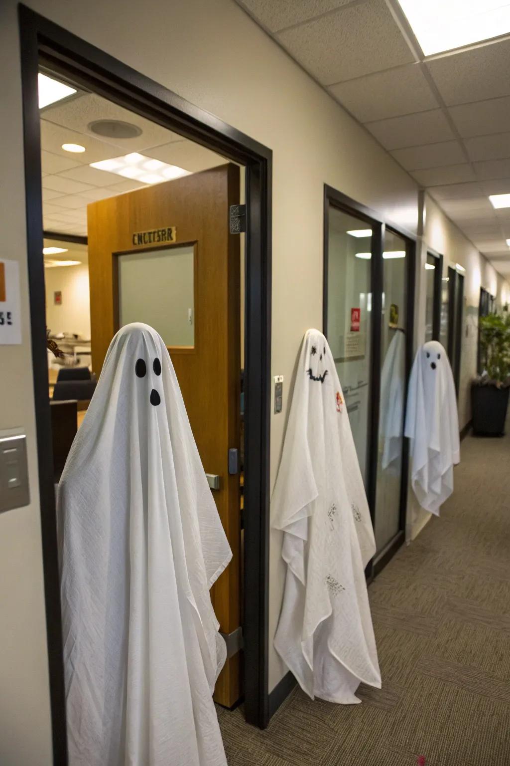 Create a spooky ghostly gathering around your office door.