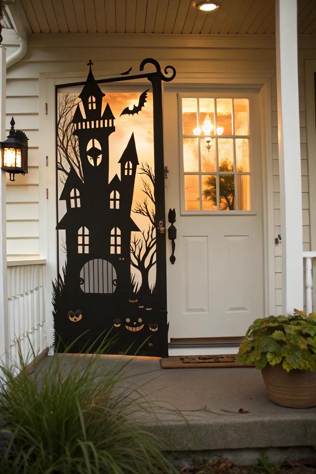 A haunted house silhouette adds a spooky touch to your door.