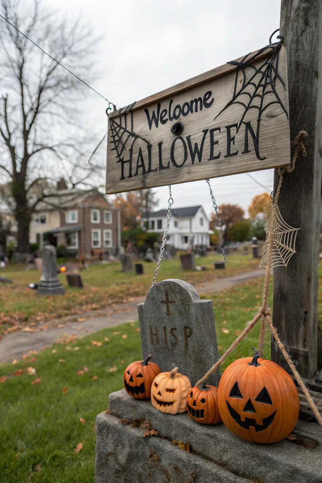 A welcome sign sets the tone for your spooky graveyard.