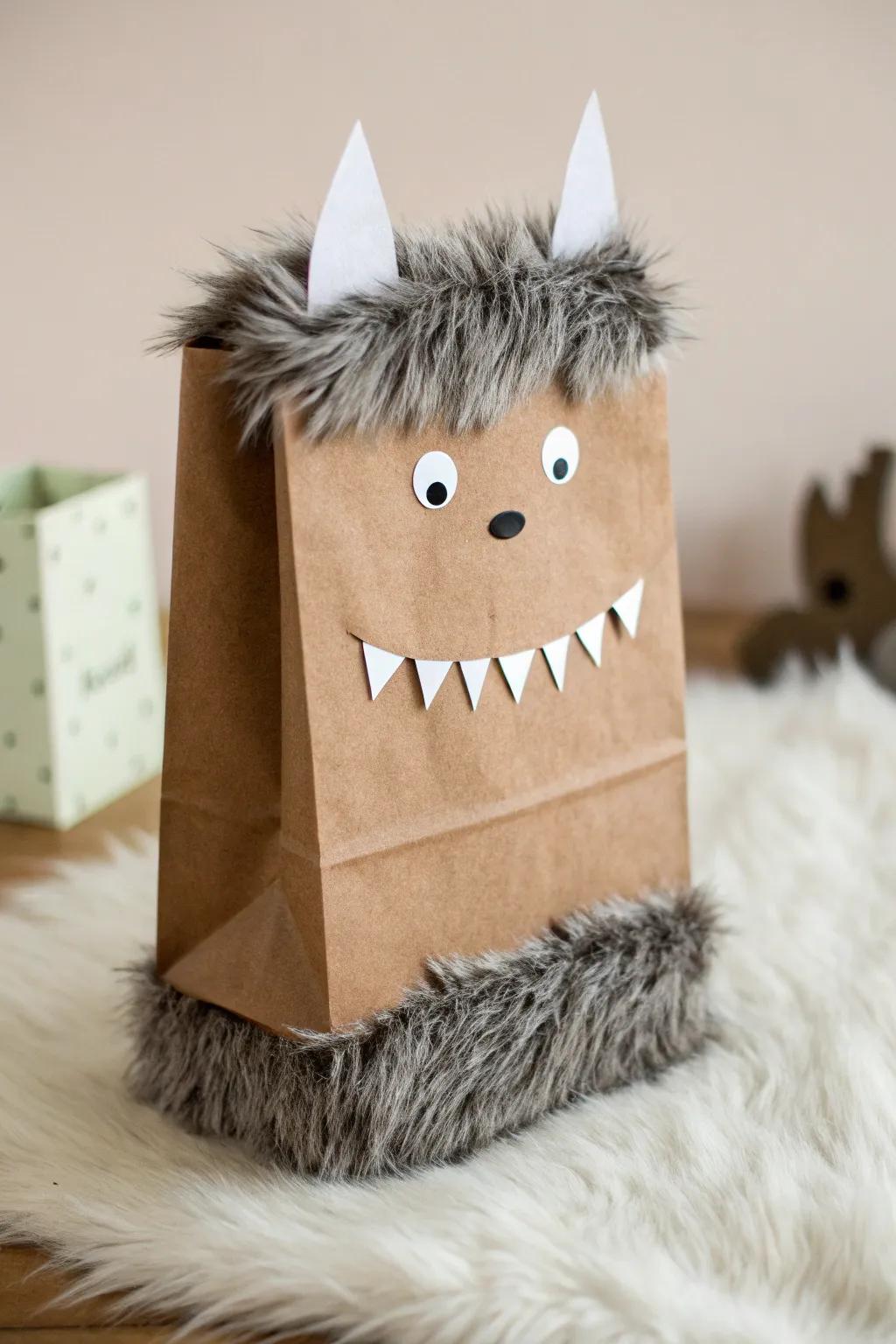 Unleash your creativity with this charming werewolf puppet bag – perfect for a whimsical Halloween tale!