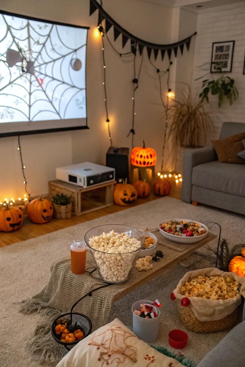 A cozy setup for a Halloween movie marathon.