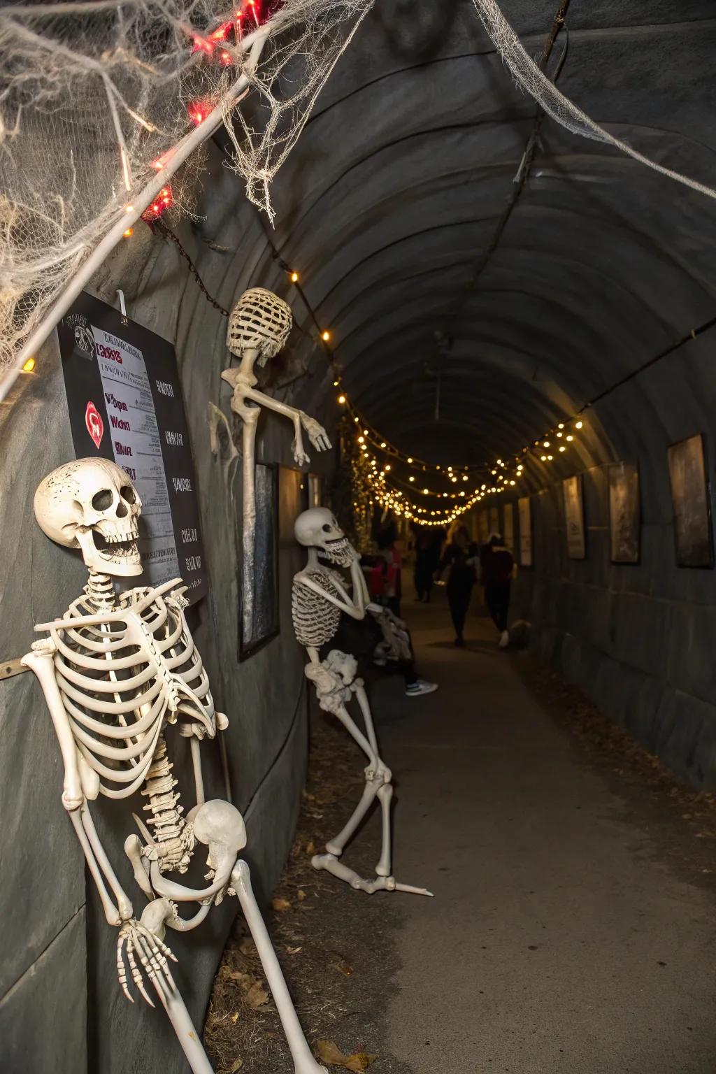 Skeleton alley combines humor and horror for a playful Halloween vibe.