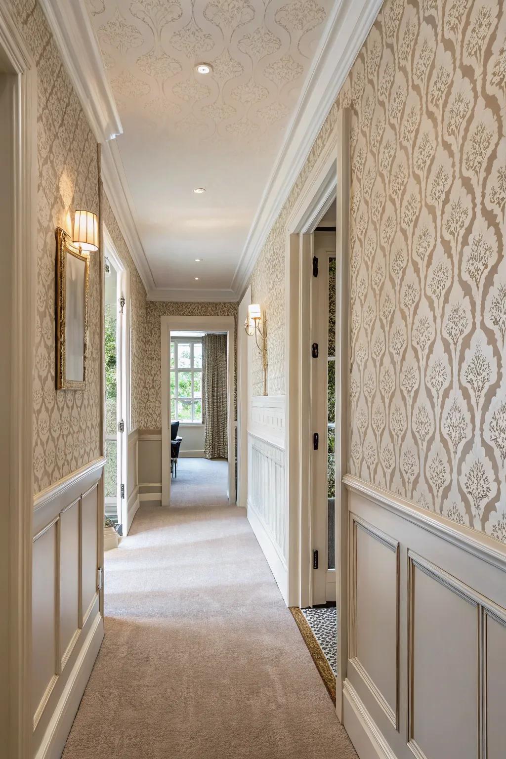 Textured wallpaper adds depth and elegance to the hallway walls.