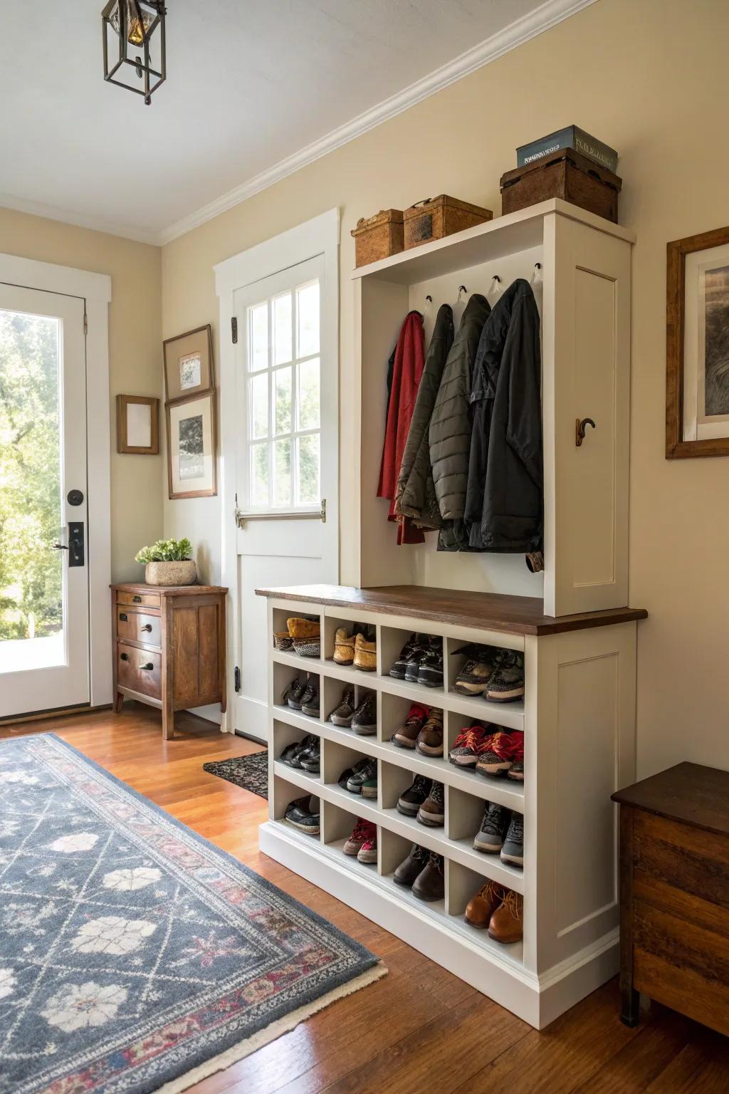 A vintage piece adds charm while storing shoes.