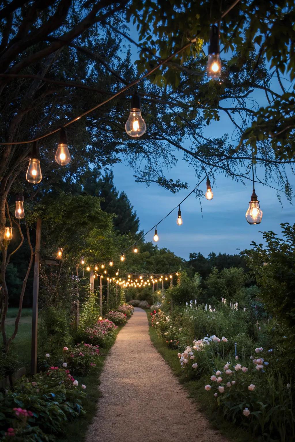 Edison bulbs illuminate garden paths with charm.