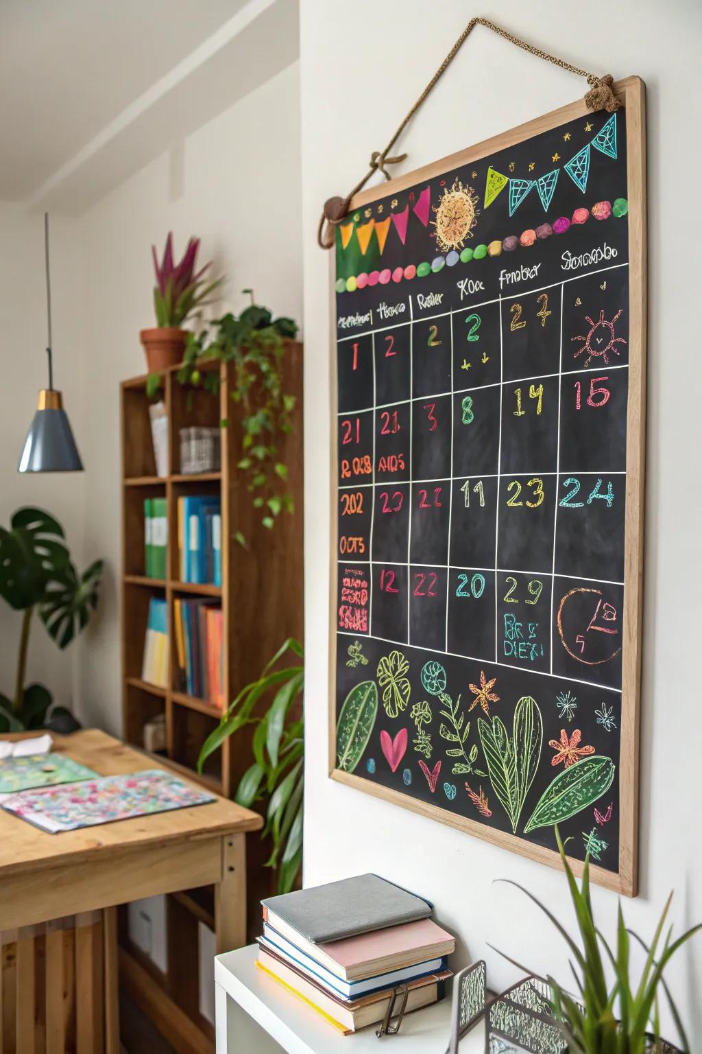 A colorful chalkboard calendar that makes planning a fun and vibrant activity.