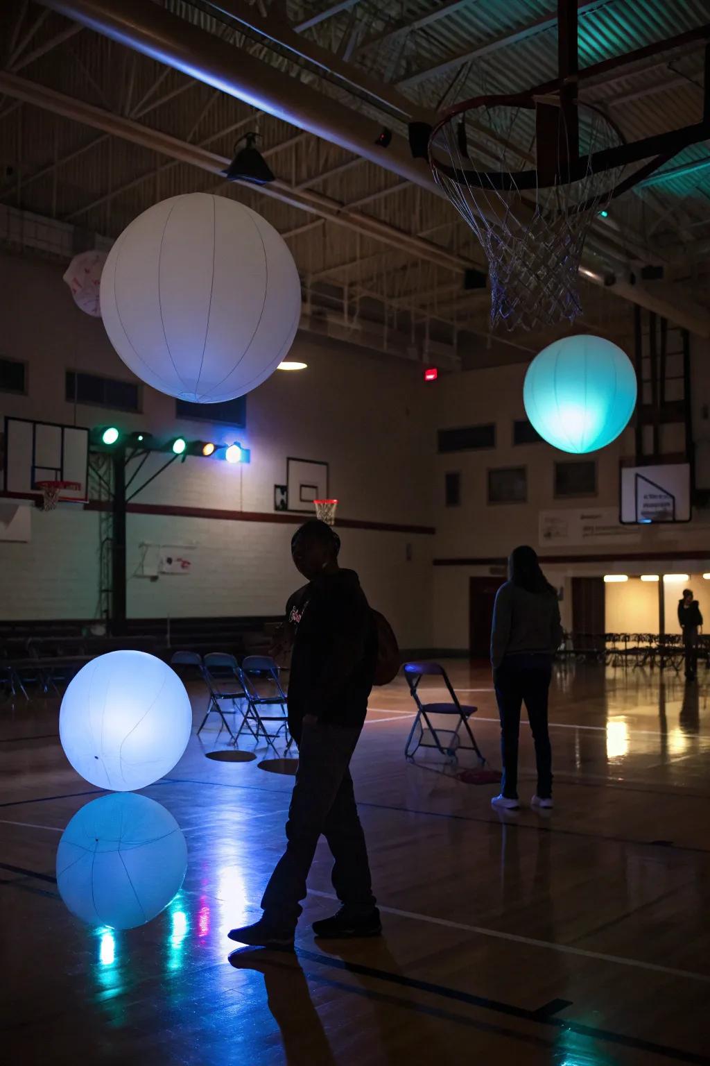 A mystical gym filled with glowing orbs and eerie shadows.