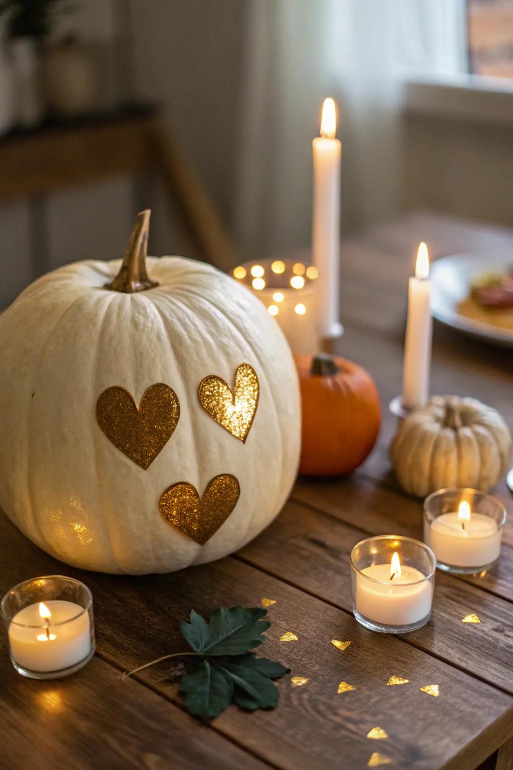 Glamorous Gold Heart Eyes Pumpkin in Candlelight