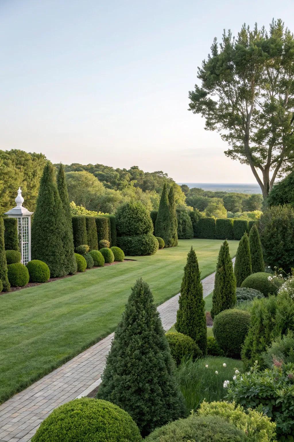 Sculptural arborvitae hedges offering a lush green backdrop.