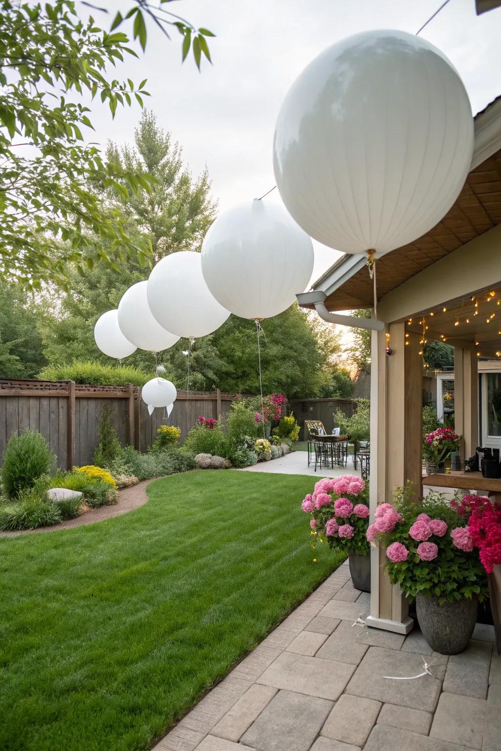 Modern outdoor decor with helium balloon orbs.