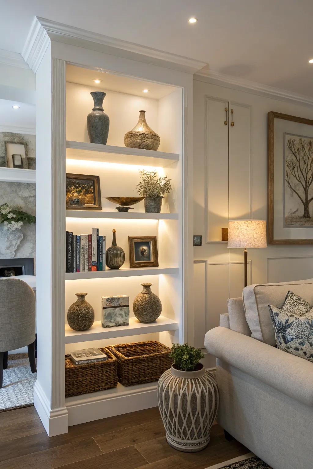 A living room niche with hidden lighting accentuating decorative items.