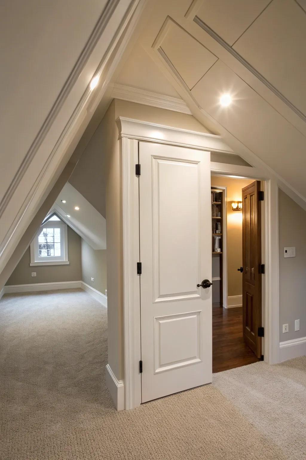 A hidden pocket door in the ceiling provides discreet attic access.