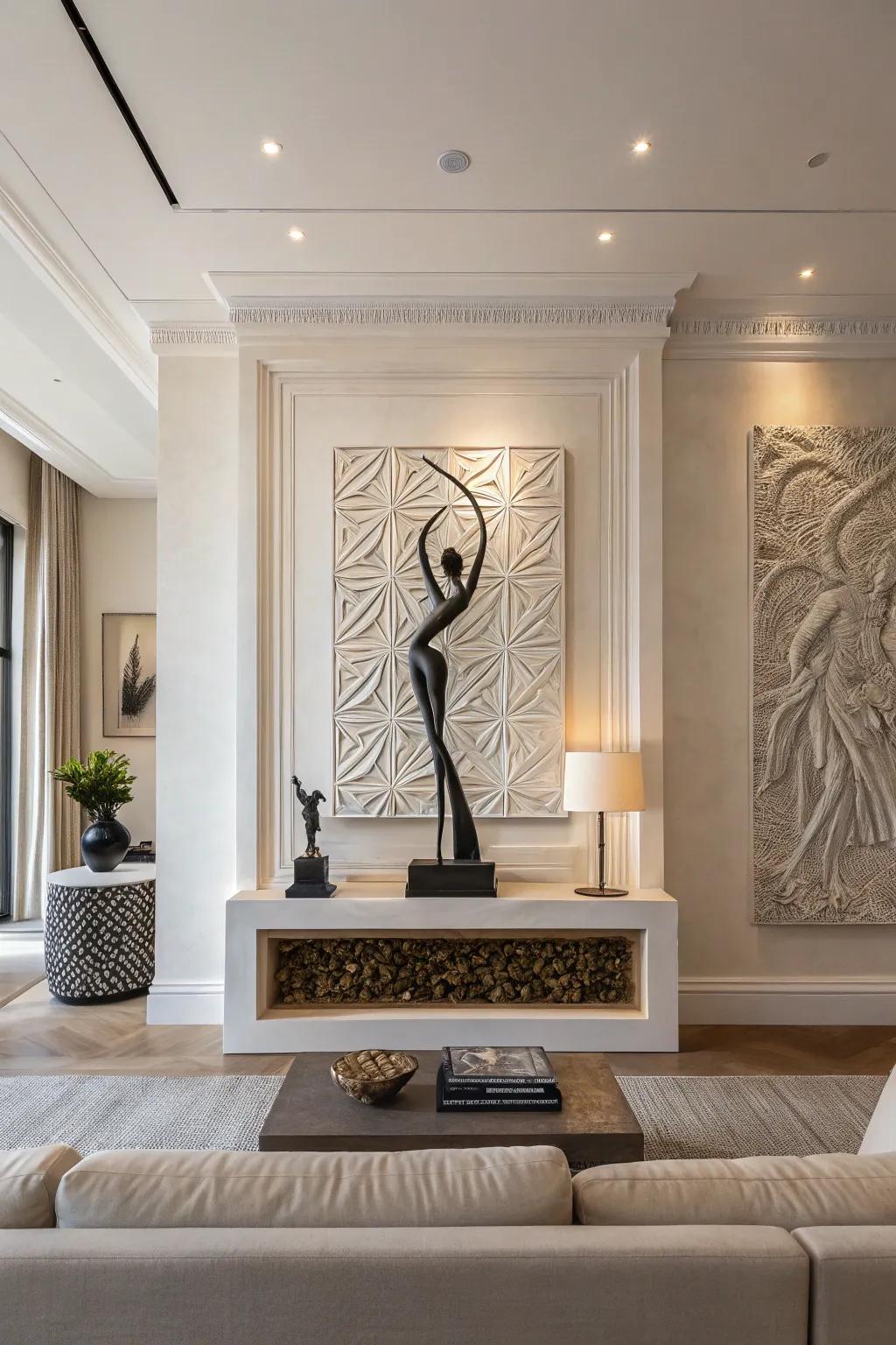 Sculptural art adds dimension and intrigue to high wall spaces.