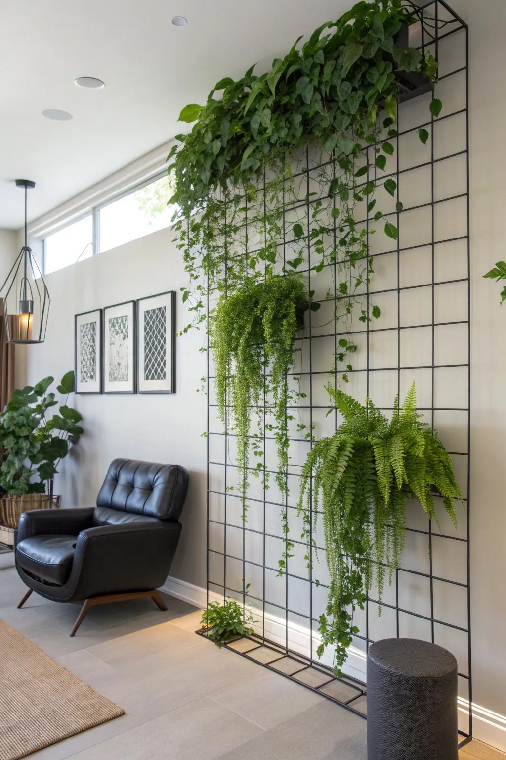 Elevate your indoor space with a bold hog wire trellis plant wall, blending nature and modern design effortlessly.