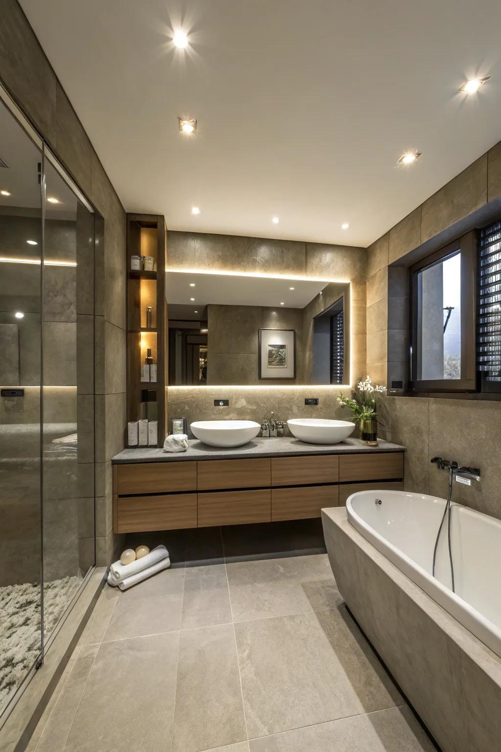 A bathroom with recessed lighting for a sleek, modern look.