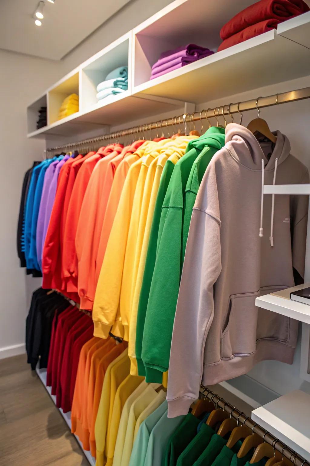 Multi-tier shelves allow for organized and visually appealing hoodie storage.