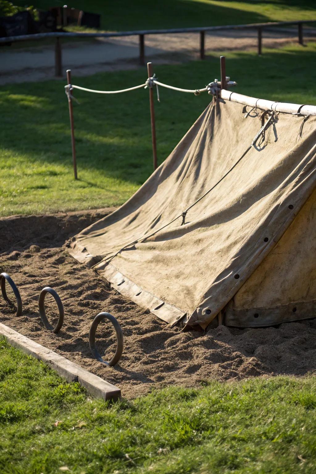 Transform your horseshoe pit with a durable canvas tarp backstop for a rustic and practical touch.